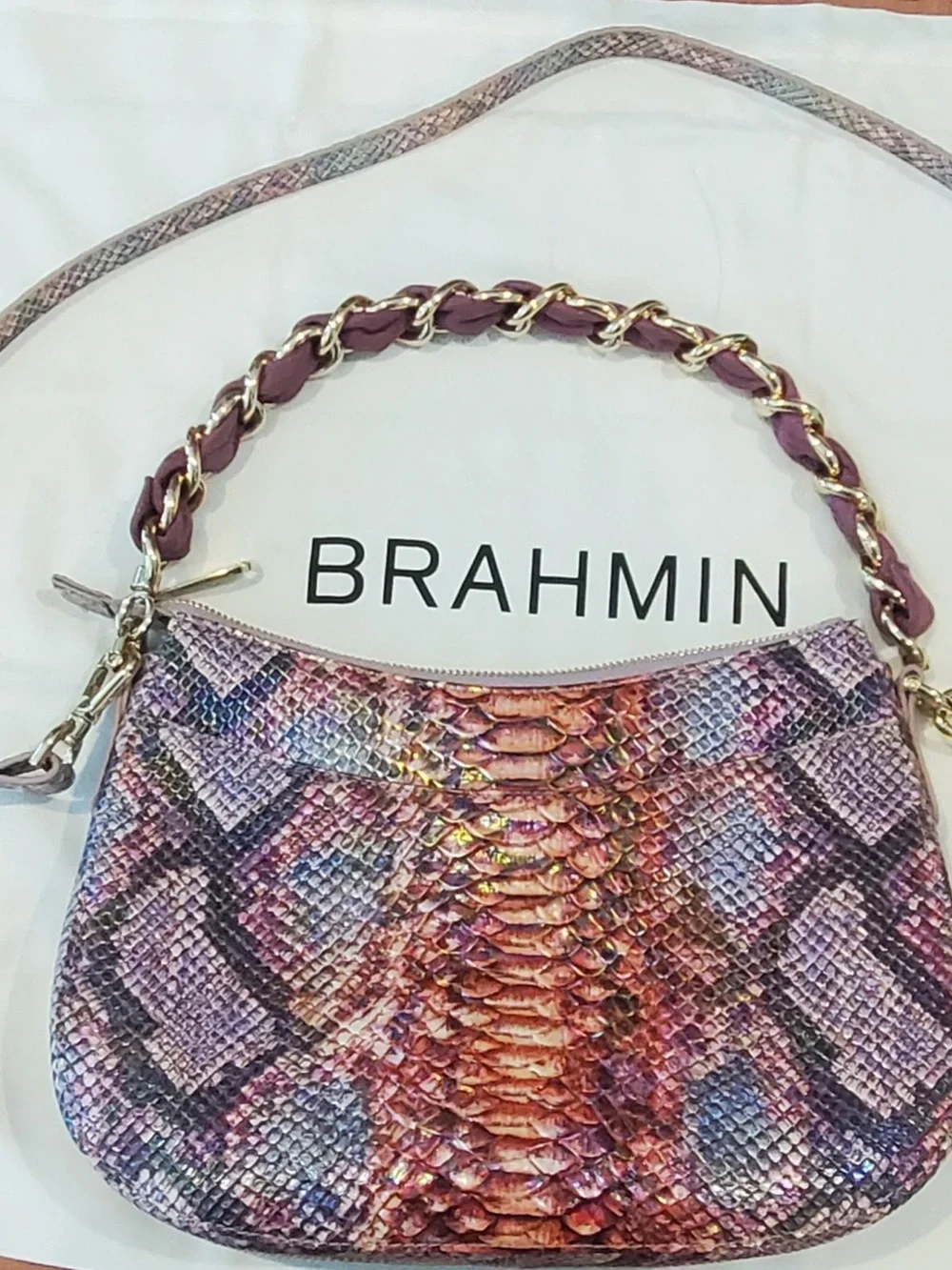 Brahmin Ady Wallet and Lavender-Pink Snake-Print Shoulder Bag with Gold Chain